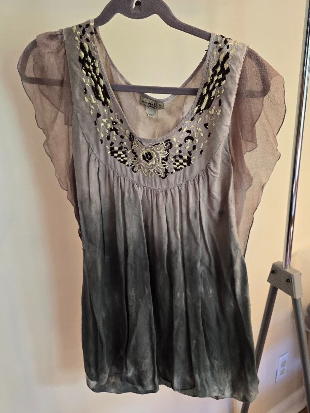 One World Tie-Dye Scoop Neck Flutter Sleeve Blouse Green Size L